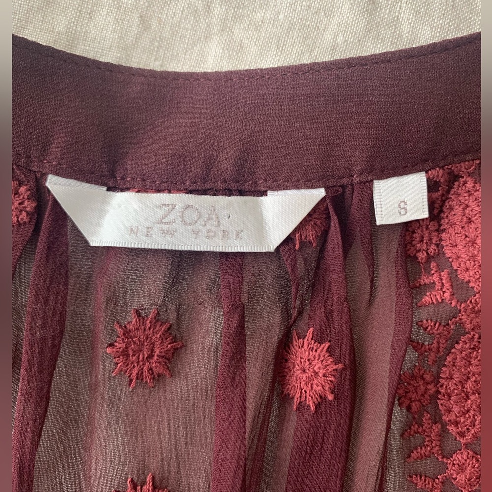 Anthropologie sheer burgundy blouse with thread detail by ZOA New York, size S